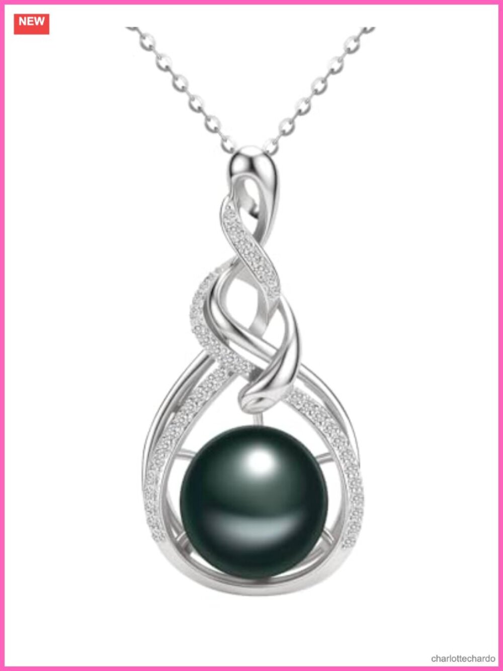 Tahitian Black Pearl Necklace 925 Sterling Silver 18K White Gold Plated Fine